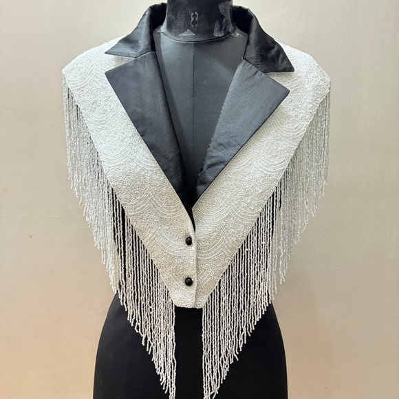Black and White Tuxedo Beaded Fringe Cape - Picture 6 of 7